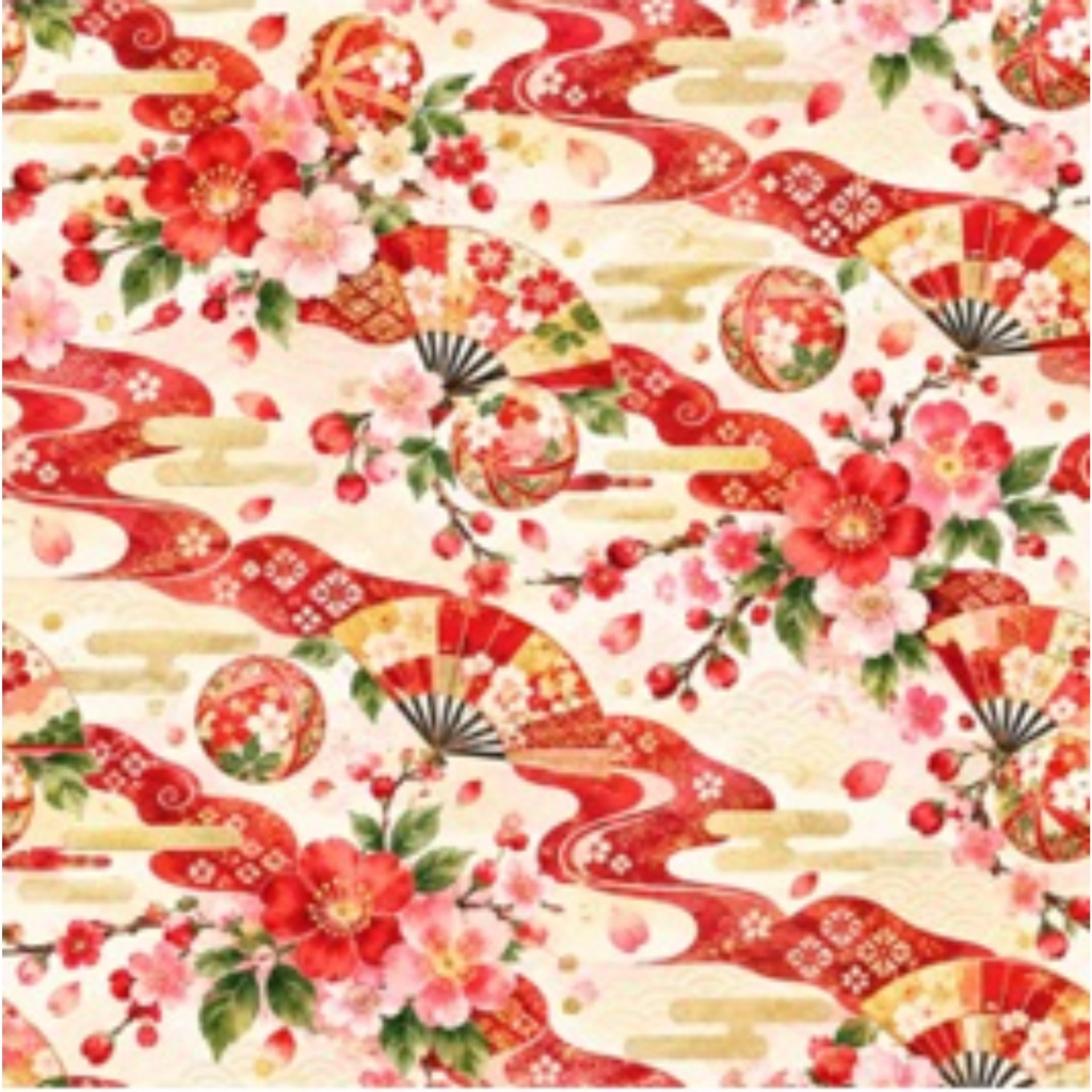 紅と金の華やかな和柄|桜・扇・手まりのデジタルペーパー10色セット|Japanese Floral Digital Paper – 10 Colors