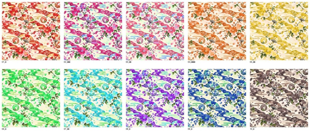 紅と金の華やかな和柄｜桜・扇・手まりのデジタルペーパー10色セット｜Japanese Floral Digital Paper – 10 Colors