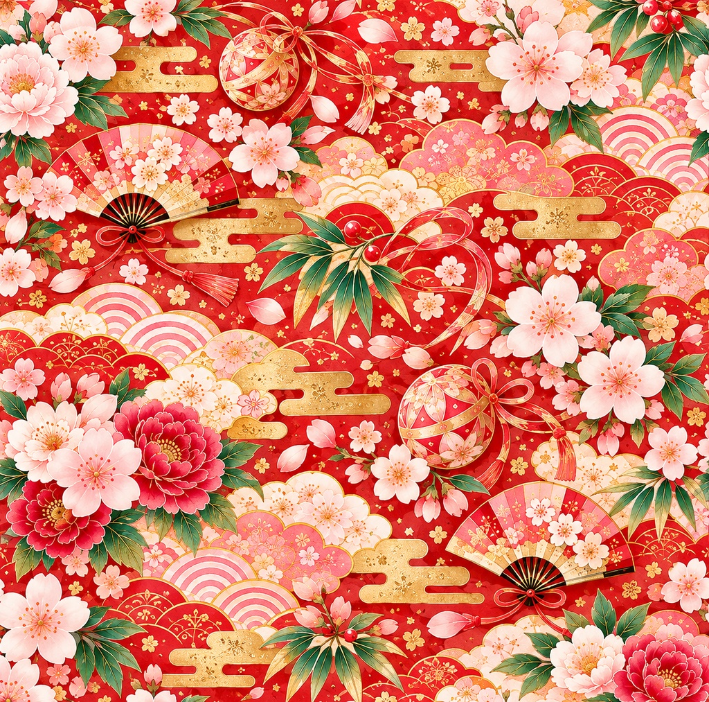紅と金の華やかな和柄|桜・扇・手まりのデジタルペーパー10色セット|Japanese Floral Digital Paper – 10 Colors