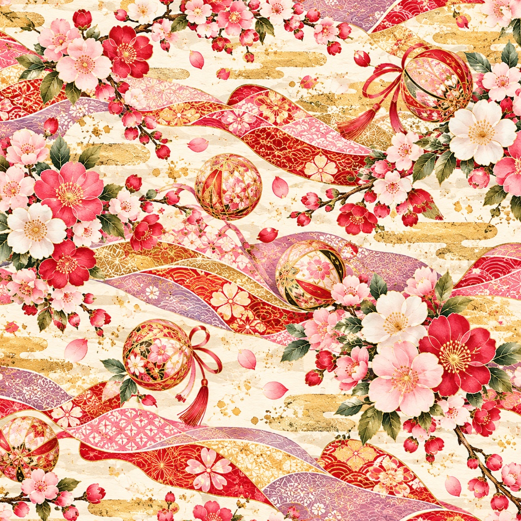 花舞う雅の和柄|桜・梅・手まりと流水のデジタルペーパー10色セット|Japanese Floral Digital Paper – 10 Colors