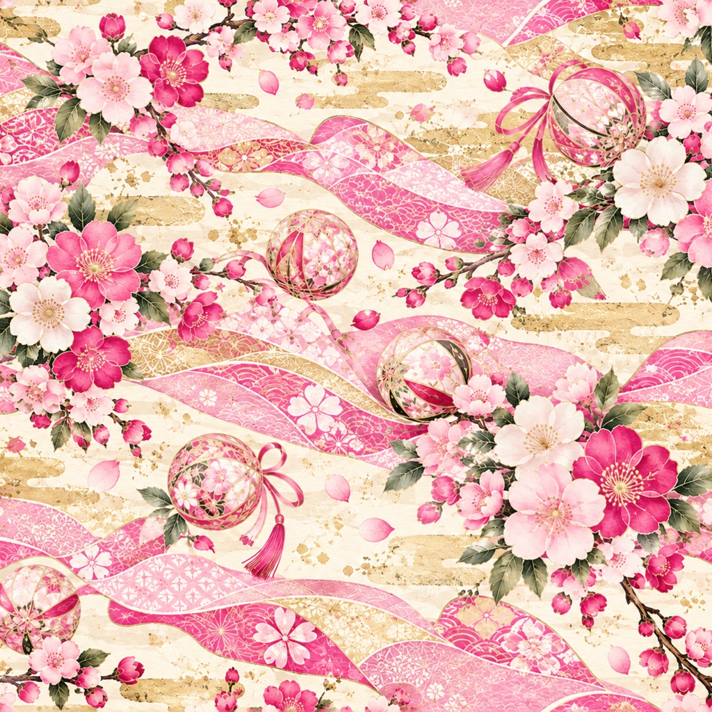 花舞う雅の和柄|桜・梅・手まりと流水のデジタルペーパー10色セット|Japanese Floral Digital Paper – 10 Colors