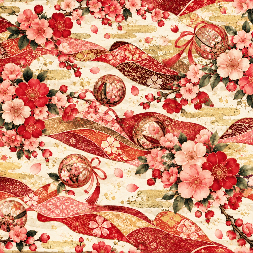 花舞う雅の和柄|桜・梅・手まりと流水のデジタルペーパー10色セット|Japanese Floral Digital Paper – 10 Colors