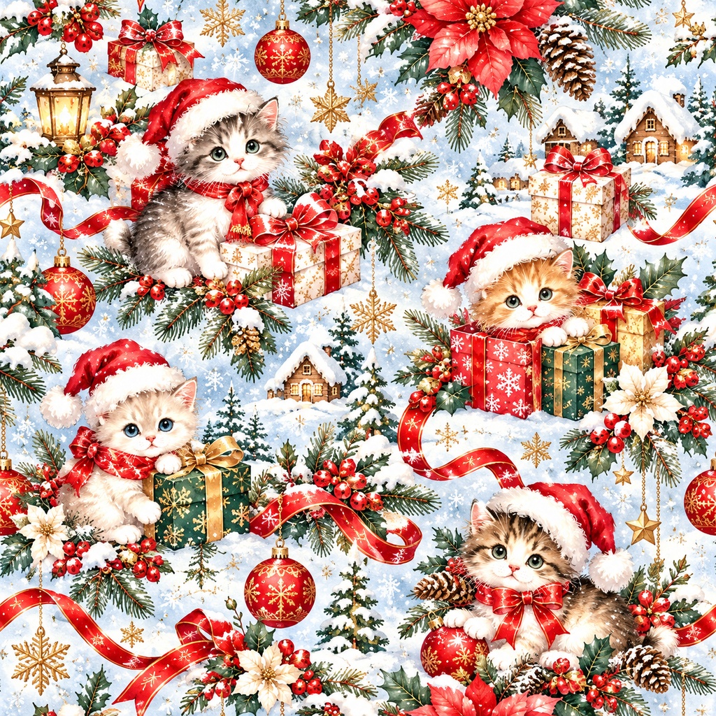 🎄 子猫たちの聖夜｜雪景色とクリスマスプレゼントのデジタルペーパー・10色セット｜Christmas Kittens & Snowy Village Digital Paper – 10 Colors