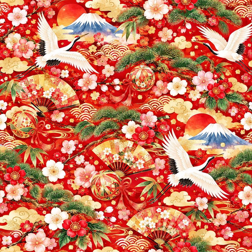 「富士と鶴が彩る華やかなお正月の和柄・10色セット」「Mt. Fuji & Cranes – Elegant Japanese New Year Digital Paper | 10 Colors」