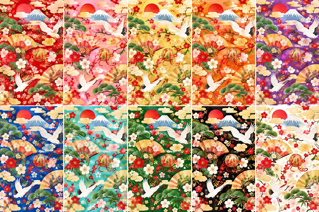 「富士と鶴が彩る華やかなお正月の和柄・10色セット」「Mt. Fuji & Cranes – Elegant Japanese New Year Digital Paper | 10 Colors」
