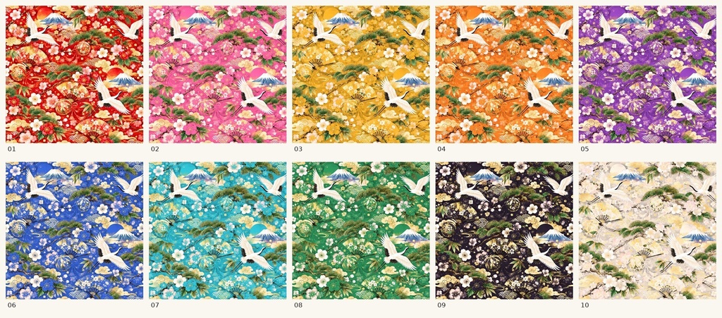 「富士と鶴が彩る華やかなお正月の和柄・10色セット」「Mt. Fuji & Cranes – Elegant Japanese New Year Digital Paper | 10 Colors」