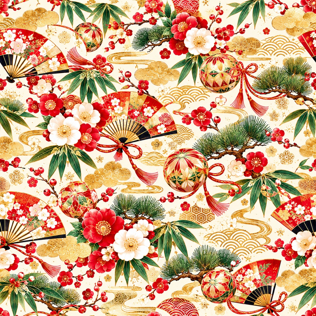🌸 松竹梅と手まりが彩る華やかなお正月の和柄・10色セット  Pine, Bamboo & Plum Blossoms – Elegant Japanese New Year Digital Paper Collection