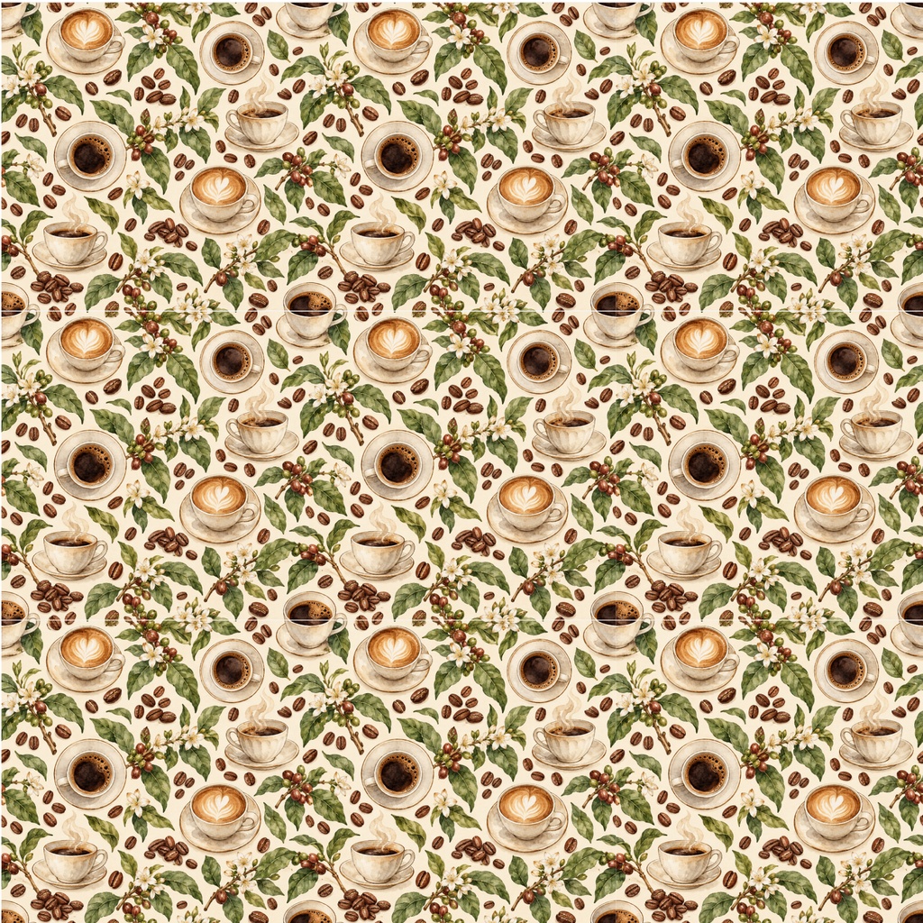 珈琲と白い花のひととき ― 水彩シームレスパターンA Moment of Coffee and White Blossoms — Watercolor Seamless Pattern