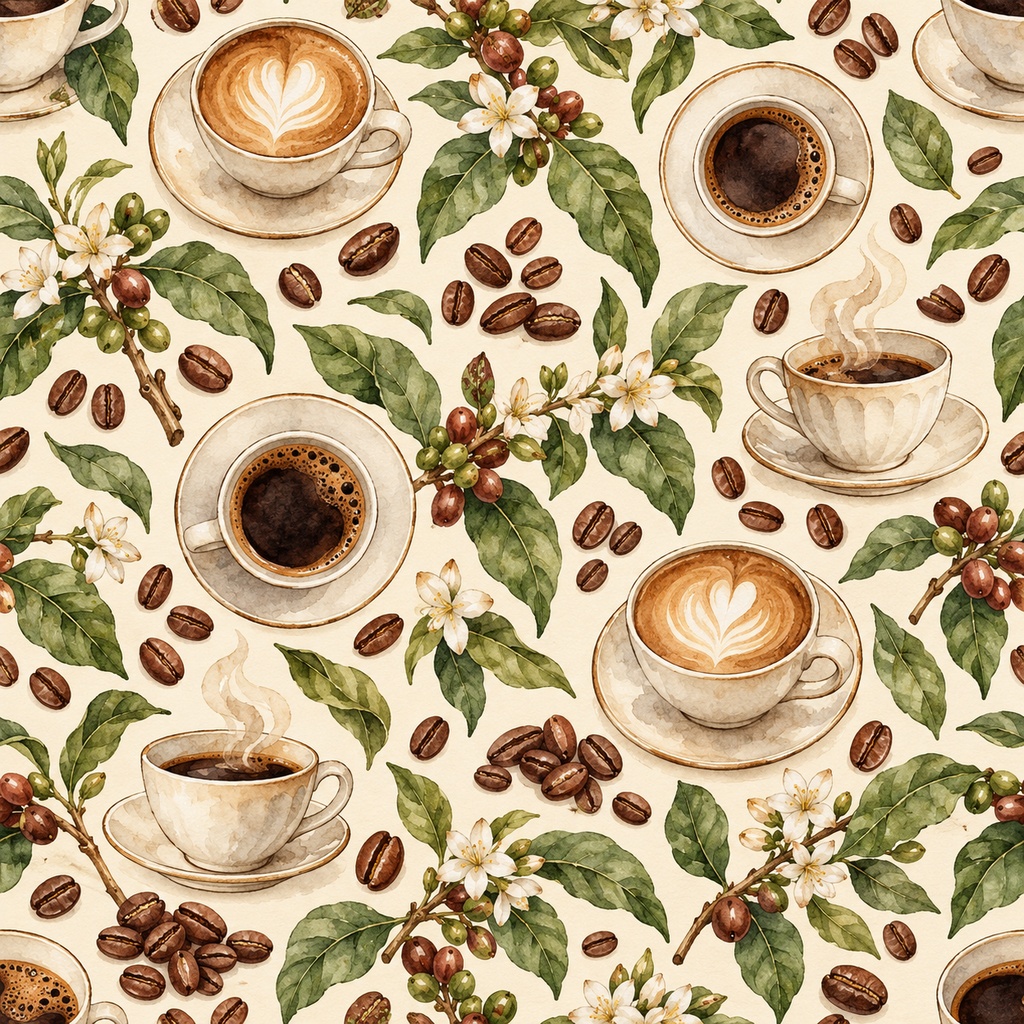 珈琲と白い花のひととき ― 水彩シームレスパターンA Moment of Coffee and White Blossoms — Watercolor Seamless Pattern