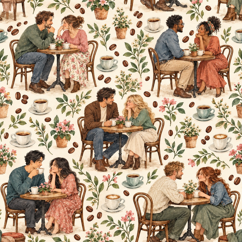 恋人たちの珈琲時間 ― 水彩シームレスパターン・10色セット、Coffee Moments for Two — Watercolor Seamless Pattern · 10-Color Set