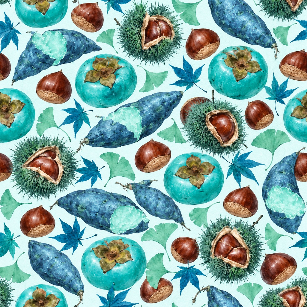 秋の実り ― 柿・栗・さつまいもの水彩シームレスパターン・10色セットAutumn Harvest — Persimmons, Chestnuts & Sweet Potatoes · Watercolor Seamless Pattern · 10-Color Set