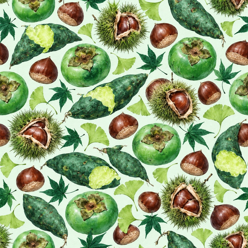 秋の実り ― 柿・栗・さつまいもの水彩シームレスパターン・10色セットAutumn Harvest — Persimmons, Chestnuts & Sweet Potatoes · Watercolor Seamless Pattern · 10-Color Set