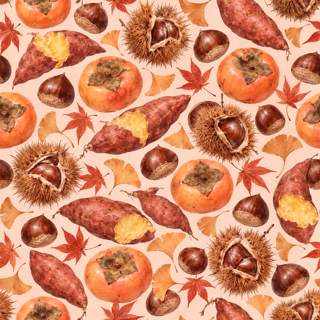 秋の実り ― 柿・栗・さつまいもの水彩シームレスパターン・10色セットAutumn Harvest — Persimmons, Chestnuts & Sweet Potatoes · Watercolor Seamless Pattern · 10-Color Set