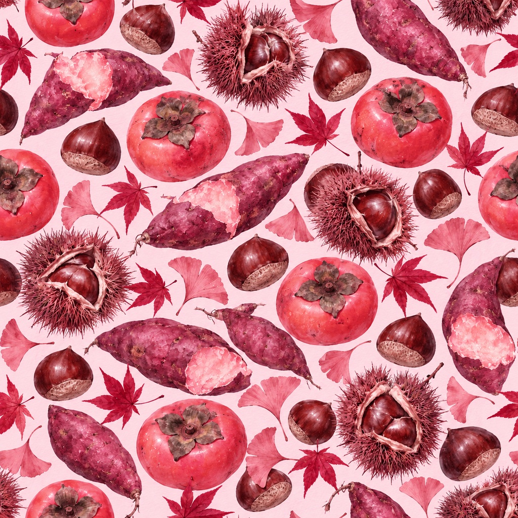 秋の実り ― 柿・栗・さつまいもの水彩シームレスパターン・10色セットAutumn Harvest — Persimmons, Chestnuts & Sweet Potatoes · Watercolor Seamless Pattern · 10-Color Set