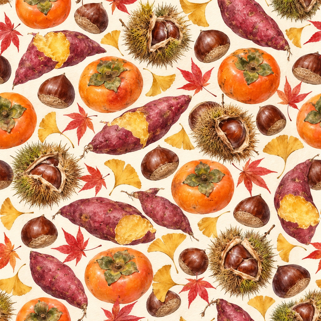 秋の実り ― 柿・栗・さつまいもの水彩シームレスパターン・10色セットAutumn Harvest — Persimmons, Chestnuts & Sweet Potatoes · Watercolor Seamless Pattern · 10-Color Set