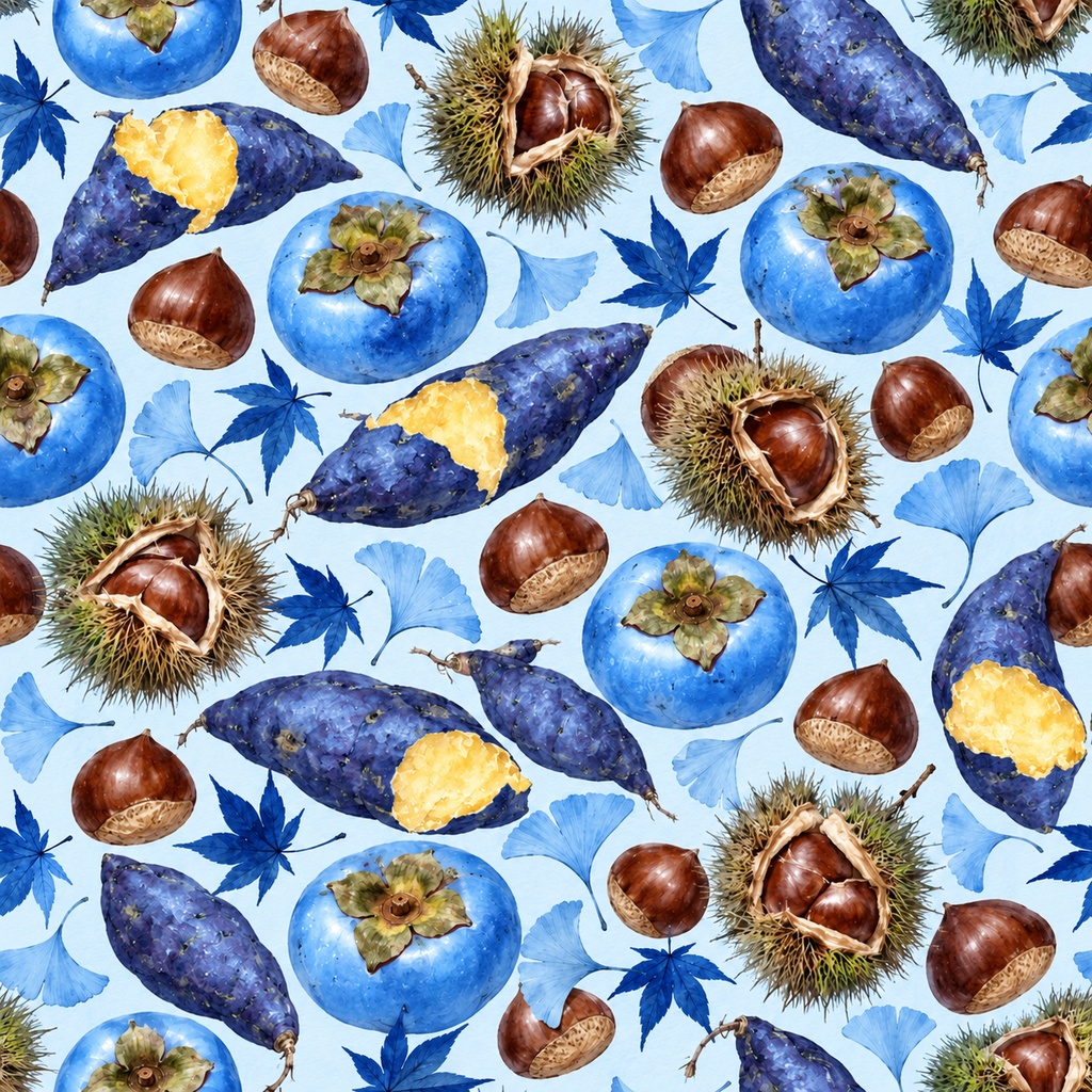 秋の実り ― 柿・栗・さつまいもの水彩シームレスパターン・10色セットAutumn Harvest — Persimmons, Chestnuts & Sweet Potatoes · Watercolor Seamless Pattern · 10-Color Set