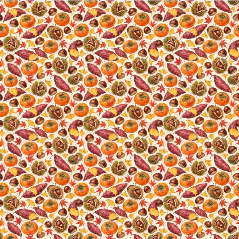秋の実り ― 柿・栗・さつまいもの水彩シームレスパターン・10色セットAutumn Harvest — Persimmons, Chestnuts & Sweet Potatoes · Watercolor Seamless Pattern · 10-Color Set
