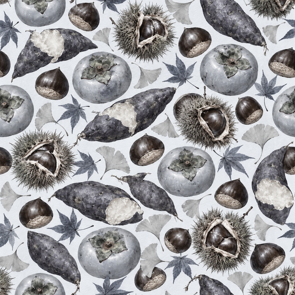 秋の実り ― 柿・栗・さつまいもの水彩シームレスパターン・10色セットAutumn Harvest — Persimmons, Chestnuts & Sweet Potatoes · Watercolor Seamless Pattern · 10-Color Set