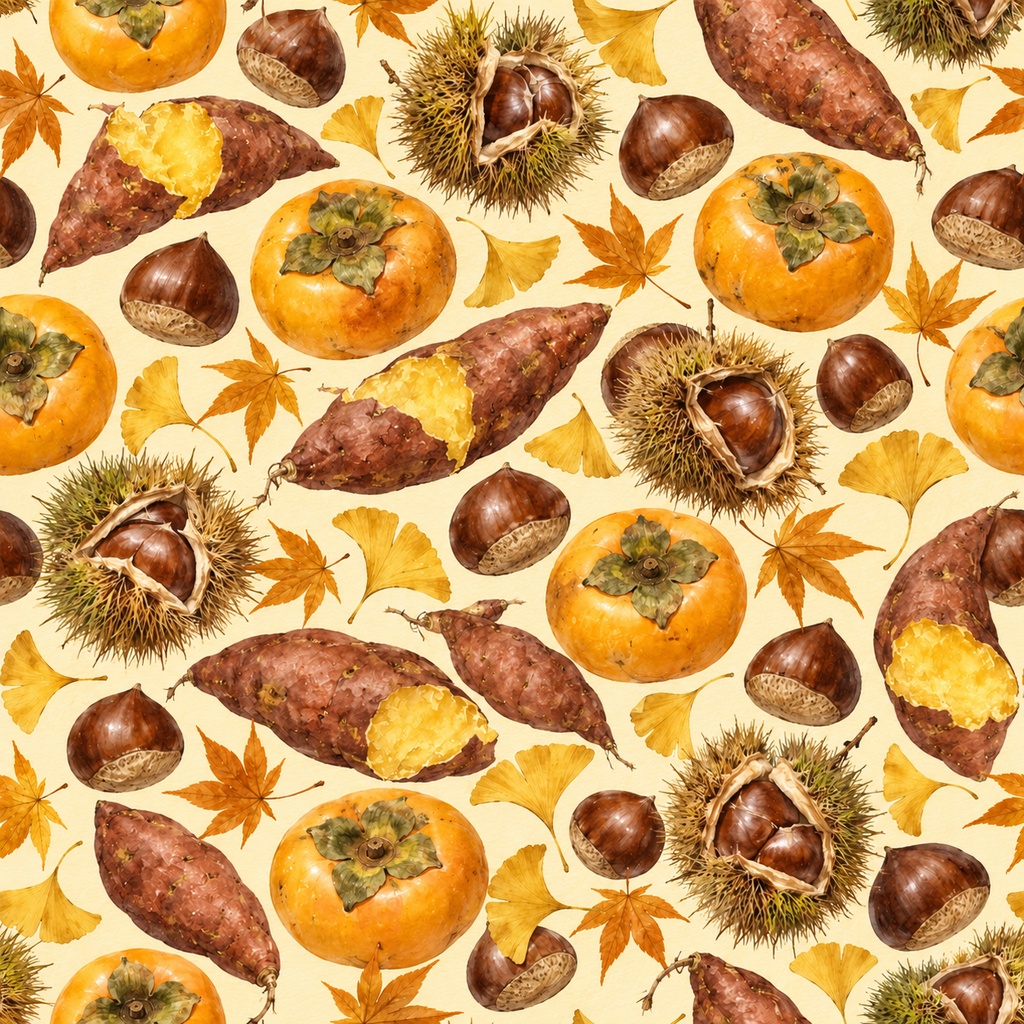 秋の実り ― 柿・栗・さつまいもの水彩シームレスパターン・10色セットAutumn Harvest — Persimmons, Chestnuts & Sweet Potatoes · Watercolor Seamless Pattern · 10-Color Set