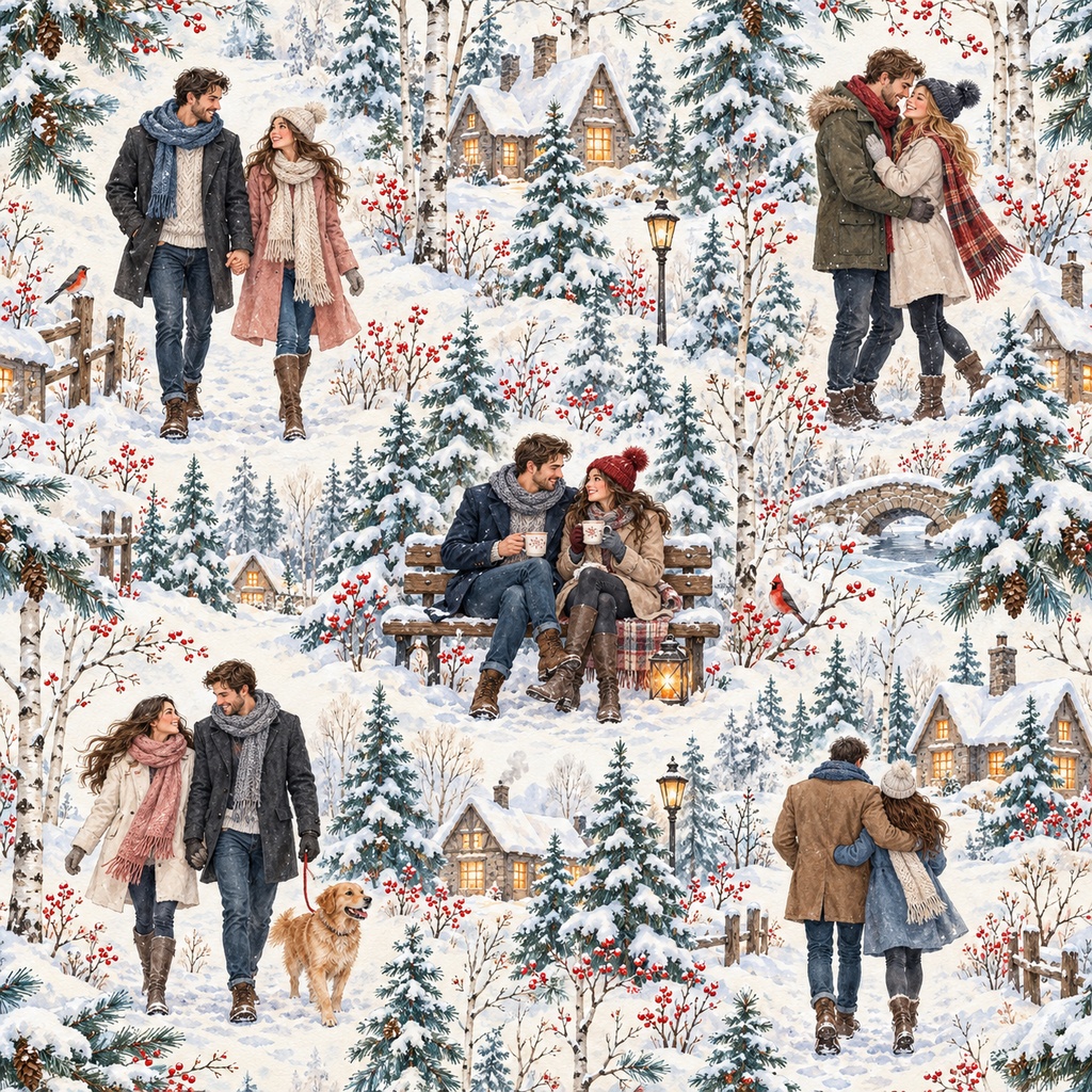 雪景色に寄り添うふたり ― 水彩シームレスパターン・10色セットTogether in a Winter Wonderland — Watercolor Seamless Pattern · 10-Color Set