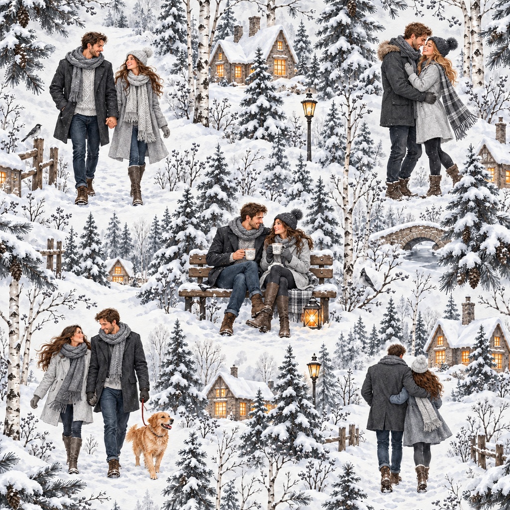 雪景色に寄り添うふたり ― 水彩シームレスパターン・10色セットTogether in a Winter Wonderland — Watercolor Seamless Pattern · 10-Color Set