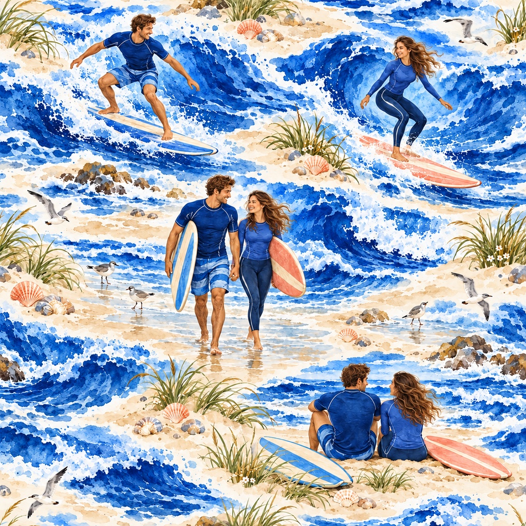 ふたりの波乗り日和 ― 水彩シームレスパターン・10色セットA Surf Day for Two — Watercolor Seamless Pattern · 10-Color Set