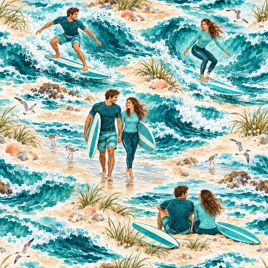 ふたりの波乗り日和 ― 水彩シームレスパターン・10色セットA Surf Day for Two — Watercolor Seamless Pattern · 10-Color Set