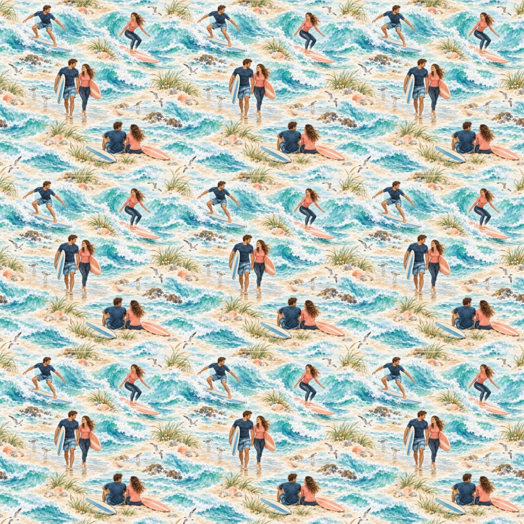 ふたりの波乗り日和 ― 水彩シームレスパターン・10色セットA Surf Day for Two — Watercolor Seamless Pattern · 10-Color Set