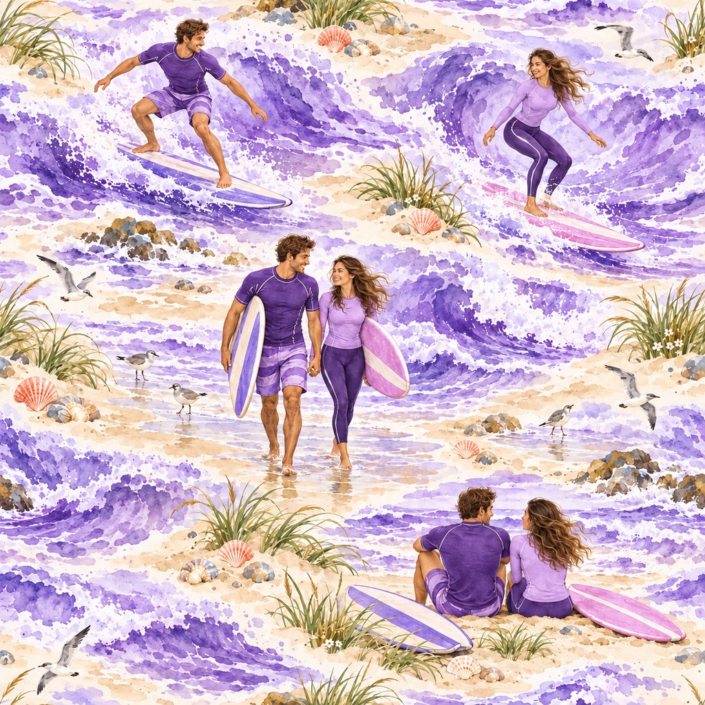 ふたりの波乗り日和 ― 水彩シームレスパターン・10色セットA Surf Day for Two — Watercolor Seamless Pattern · 10-Color Set