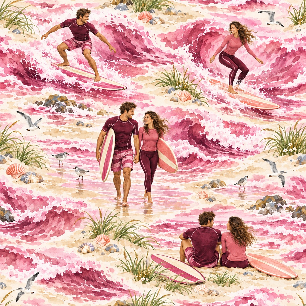ふたりの波乗り日和 ― 水彩シームレスパターン・10色セットA Surf Day for Two — Watercolor Seamless Pattern · 10-Color Set