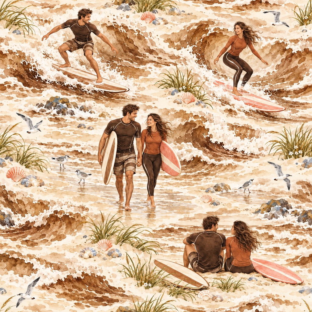 ふたりの波乗り日和 ― 水彩シームレスパターン・10色セットA Surf Day for Two — Watercolor Seamless Pattern · 10-Color Set