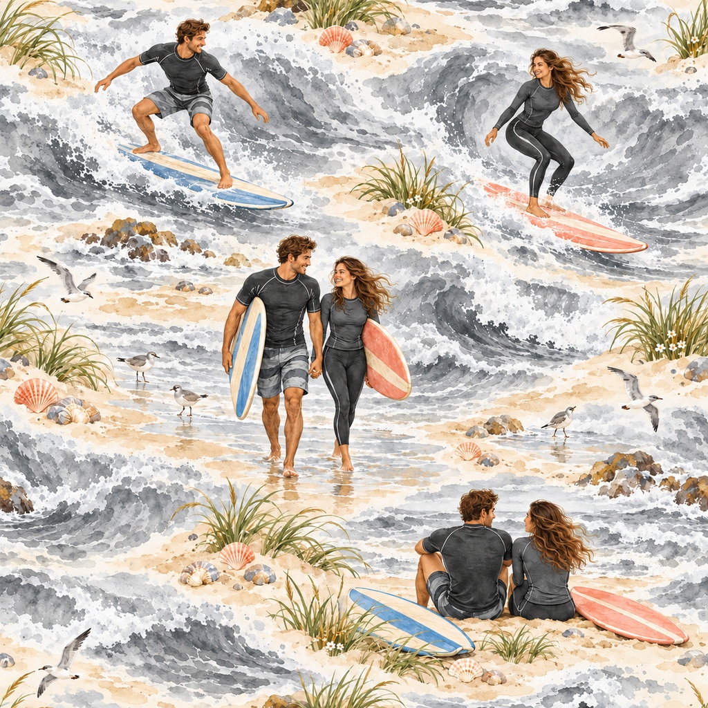 ふたりの波乗り日和 ― 水彩シームレスパターン・10色セットA Surf Day for Two — Watercolor Seamless Pattern · 10-Color Set