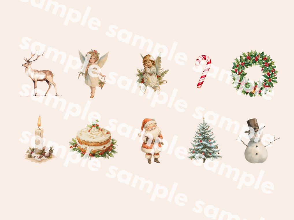 【クリスマスシリーズ-01】水彩アンティーク風クリップアート 全10点|PNG・背景透過