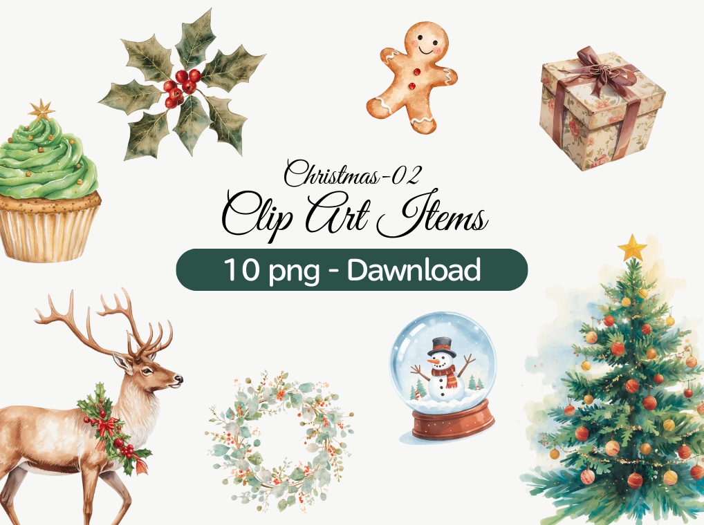 【クリスマスシリーズ-02】水彩アンティーク風クリップアート 全10点｜PNG・背景透過