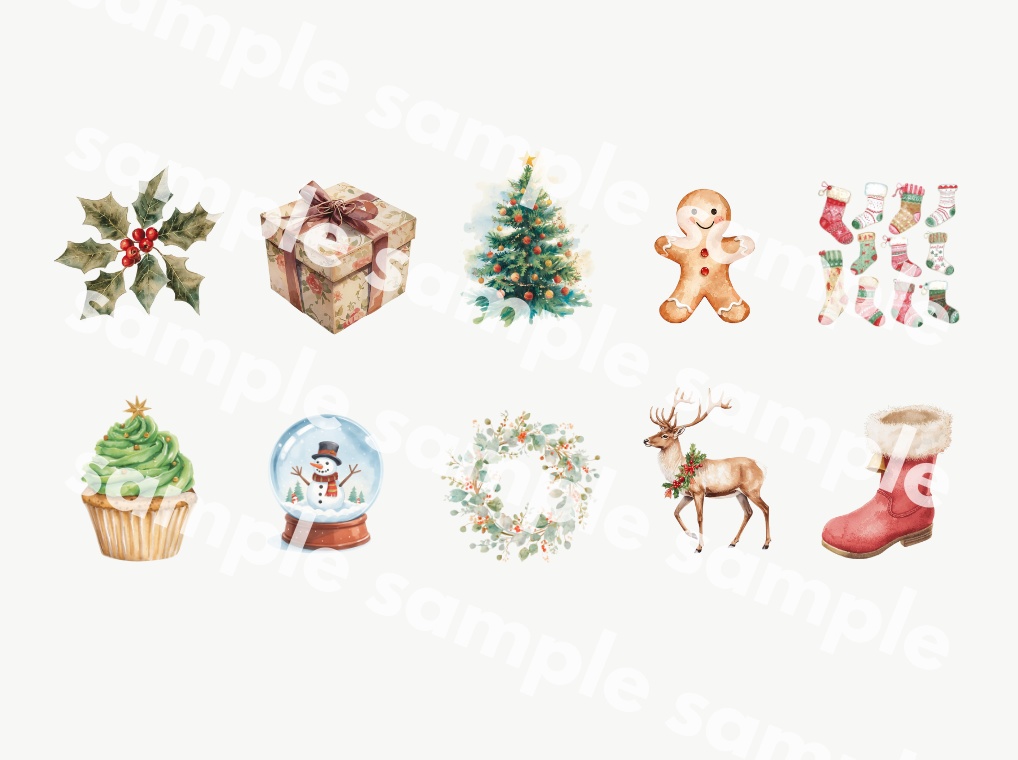 【クリスマスシリーズ-02】水彩アンティーク風クリップアート 全10点|PNG・背景透過