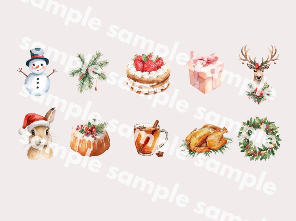 【クリスマスシリーズ-03】水彩アンティーク風クリップアート 全10点|PNG・背景透過