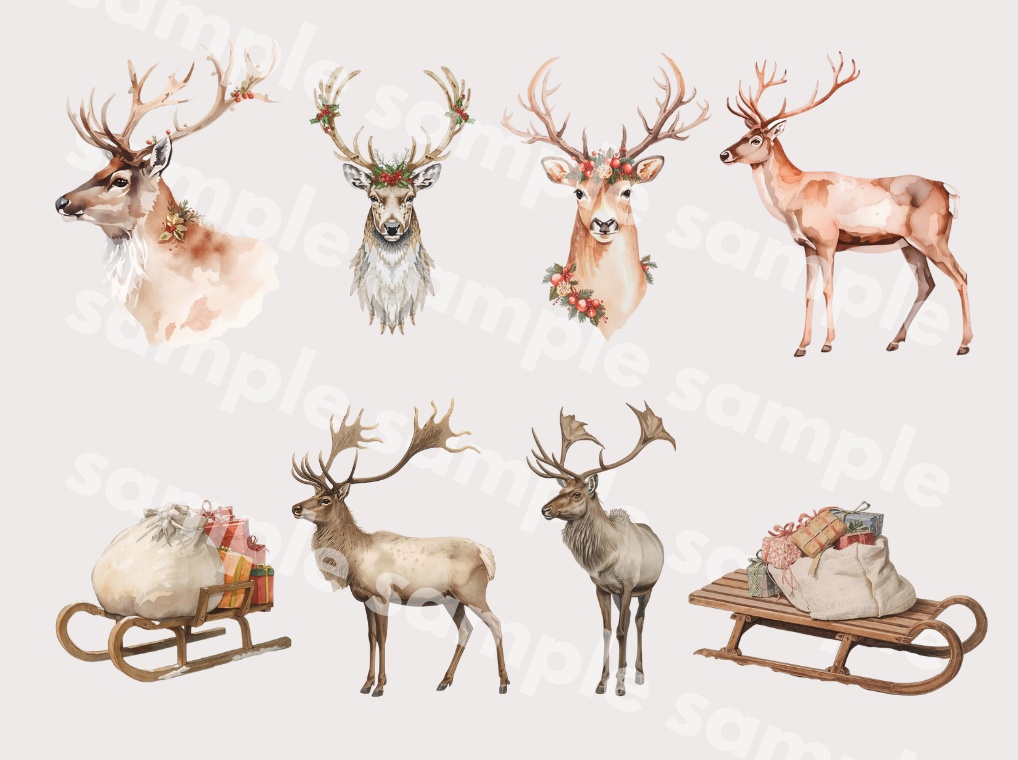【クリスマスシリーズ】サンタクロースとトナカイ 詰合せ|水彩アンティーク風クリップアート 全20点|PNG・背景透過