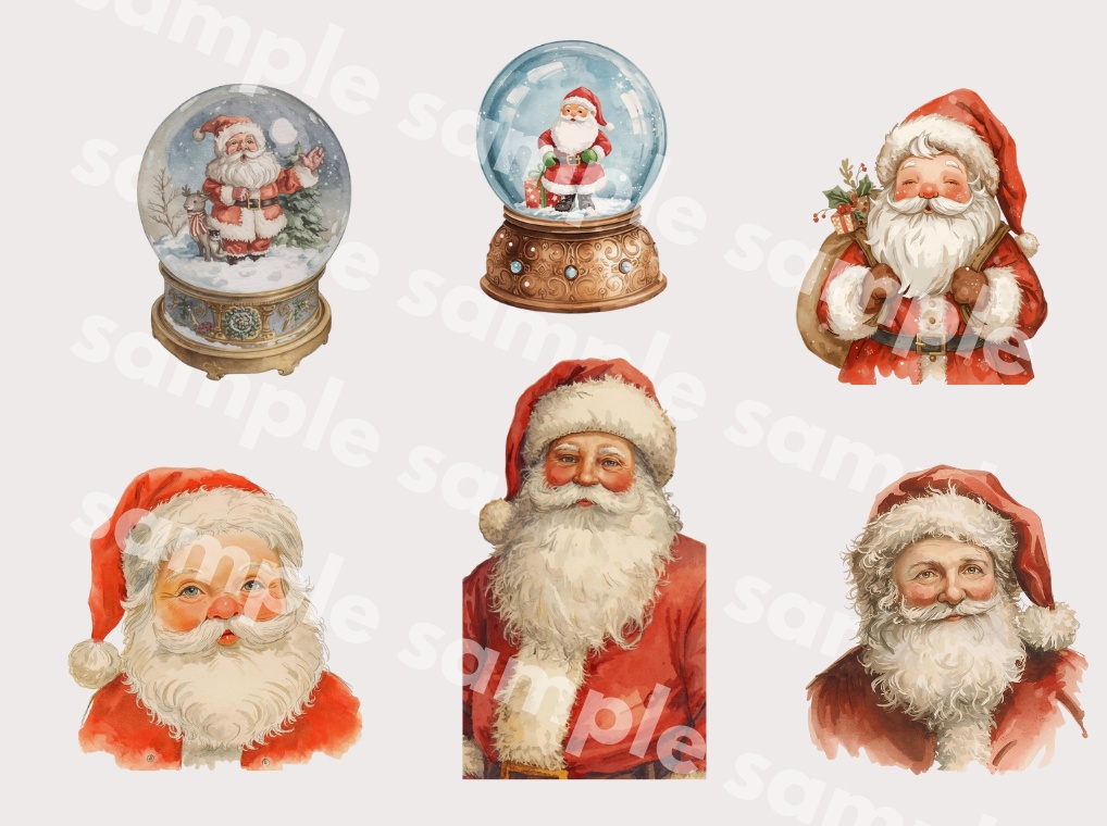 【クリスマスシリーズ】サンタクロースとトナカイ 詰合せ|水彩アンティーク風クリップアート 全20点|PNG・背景透過
