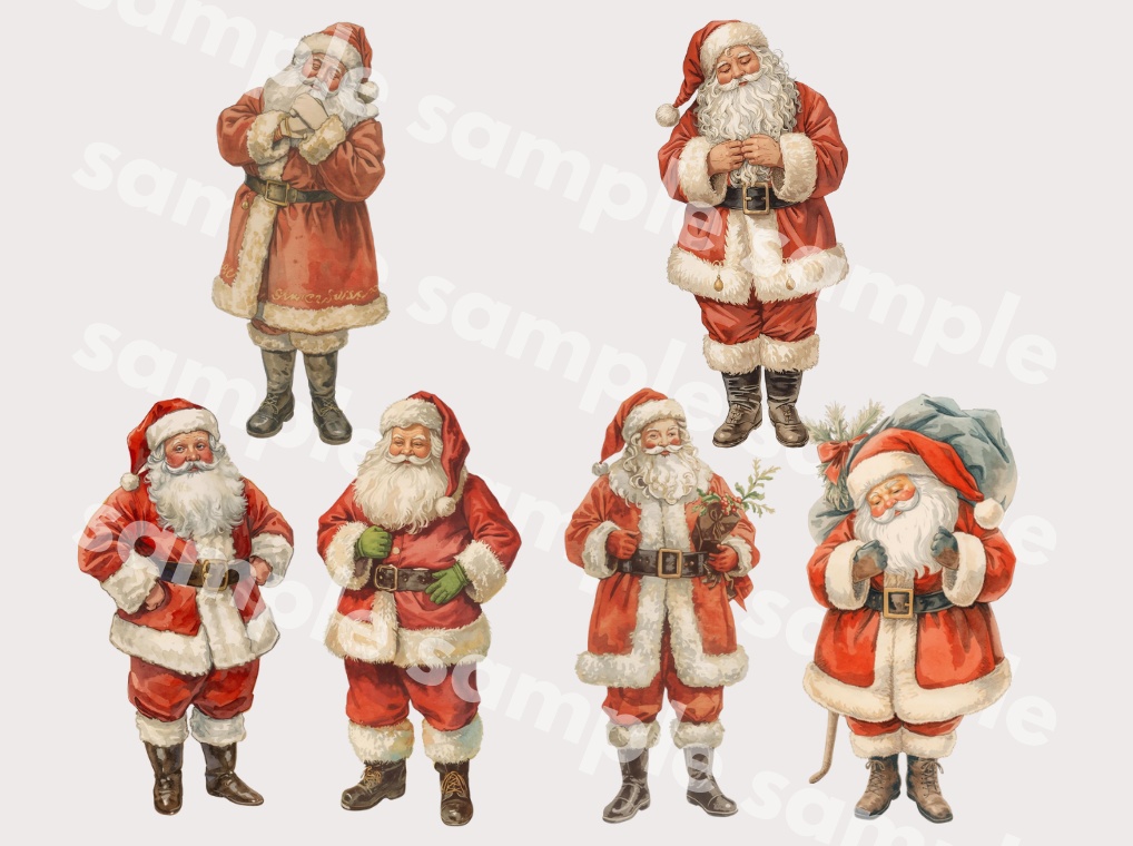 【クリスマスシリーズ】サンタクロースとトナカイ 詰合せ|水彩アンティーク風クリップアート 全20点|PNG・背景透過