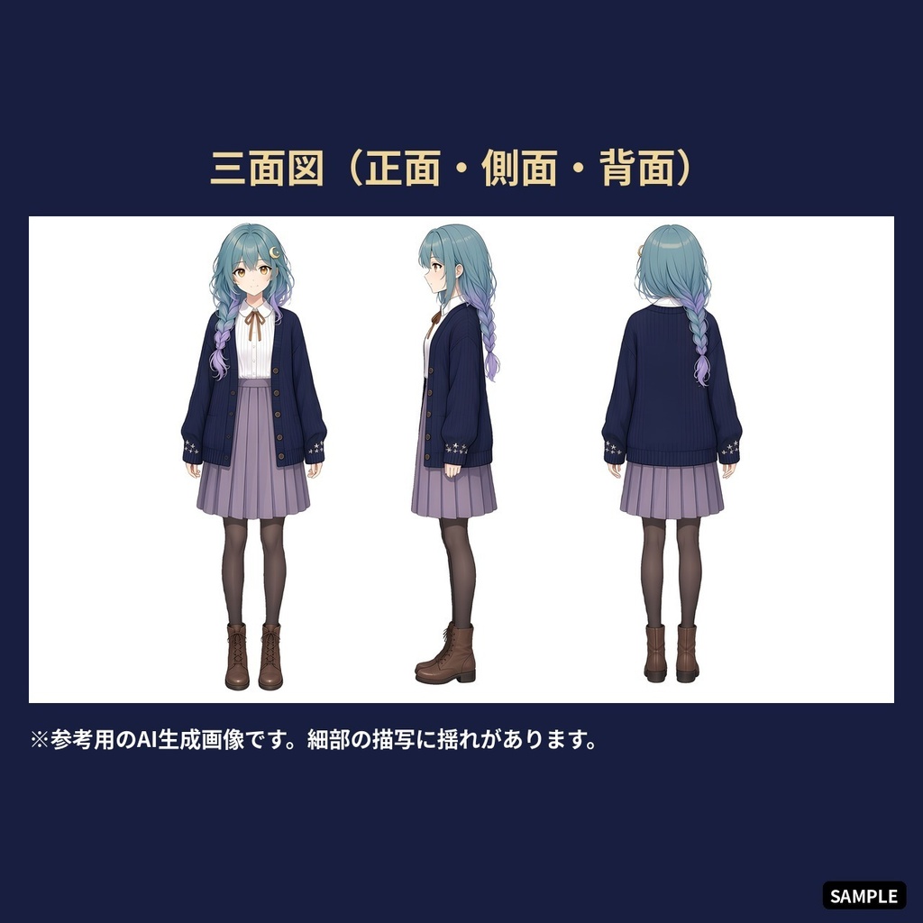 【VTuber・PNGTuber向け立ち絵素材】夜灯しおり 夜の図書館の司書 表情差分9種・三面図付き【配信アバター利用OK】