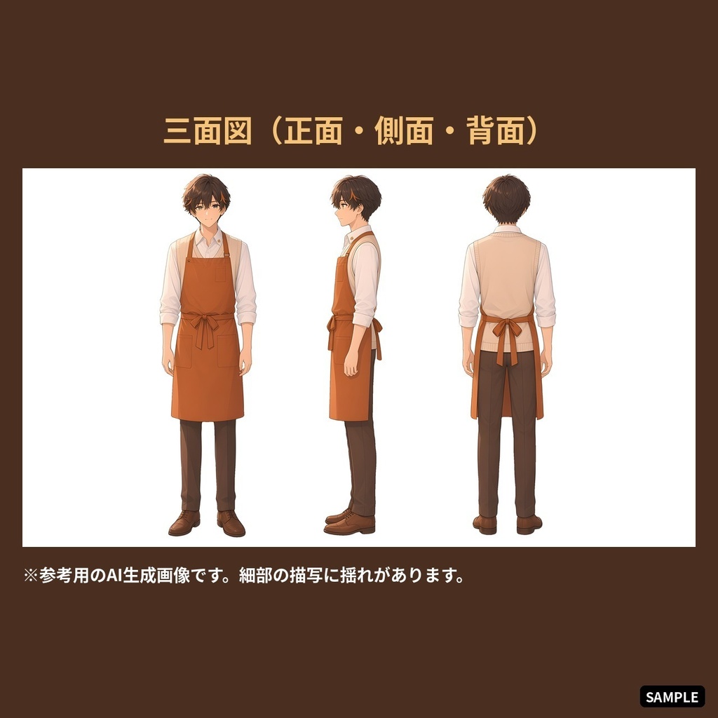 【VTuber・PNGTuber向け立ち絵素材】暁野ソウ 朝カフェのバリスタ男子 表情差分9種・三面図付き【配信アバター利用OK】