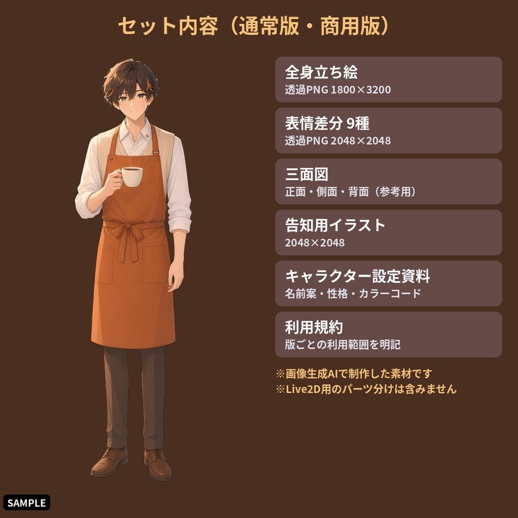 【VTuber・PNGTuber向け立ち絵素材】暁野ソウ 朝カフェのバリスタ男子 表情差分9種・三面図付き【配信アバター利用OK】