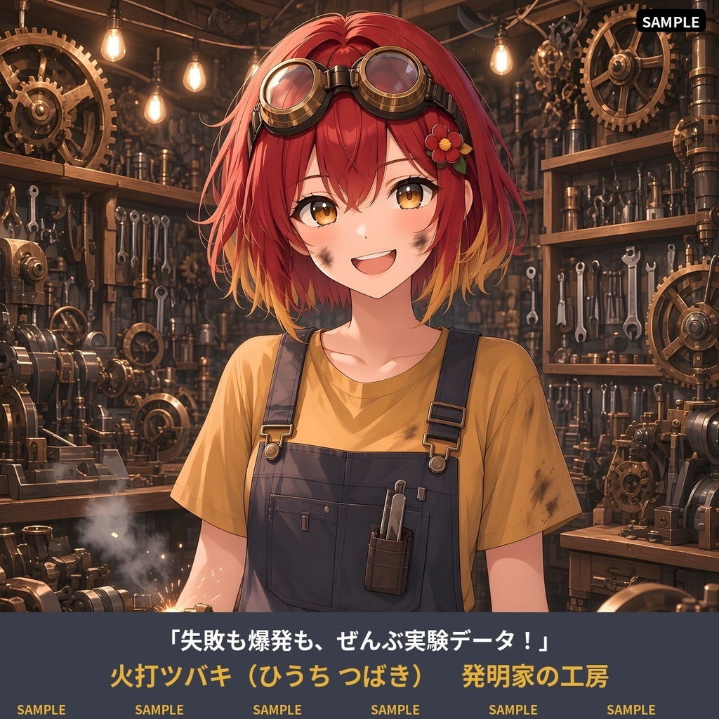 【VTuber・PNGTuber向け立ち絵素材】火打ツバキ 工房の発明家ガール 表情差分9種・三面図付き【配信アバター利用OK】