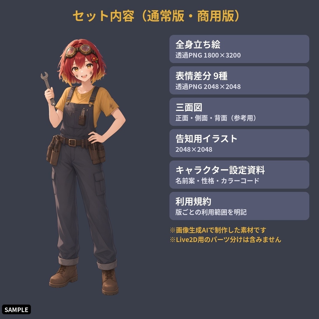 【VTuber・PNGTuber向け立ち絵素材】火打ツバキ 工房の発明家ガール 表情差分9種・三面図付き【配信アバター利用OK】