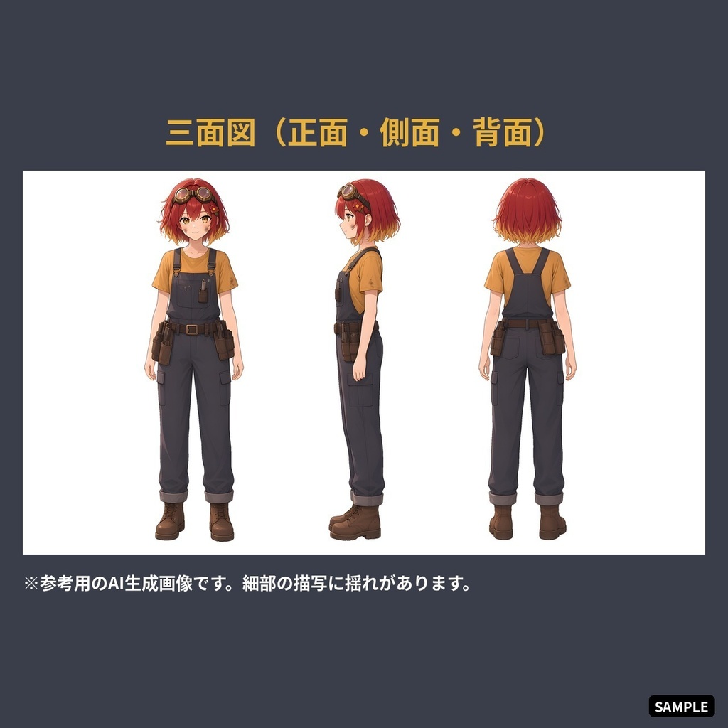 【VTuber・PNGTuber向け立ち絵素材】火打ツバキ 工房の発明家ガール 表情差分9種・三面図付き【配信アバター利用OK】