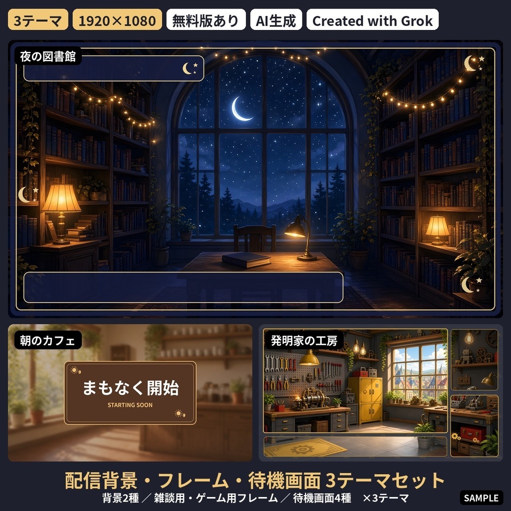 【VTuber・配信用背景素材】夜の図書館・朝のカフェ・発明家の工房 3テーマ 配信背景・フレーム・待機画面セット【1920×1080】