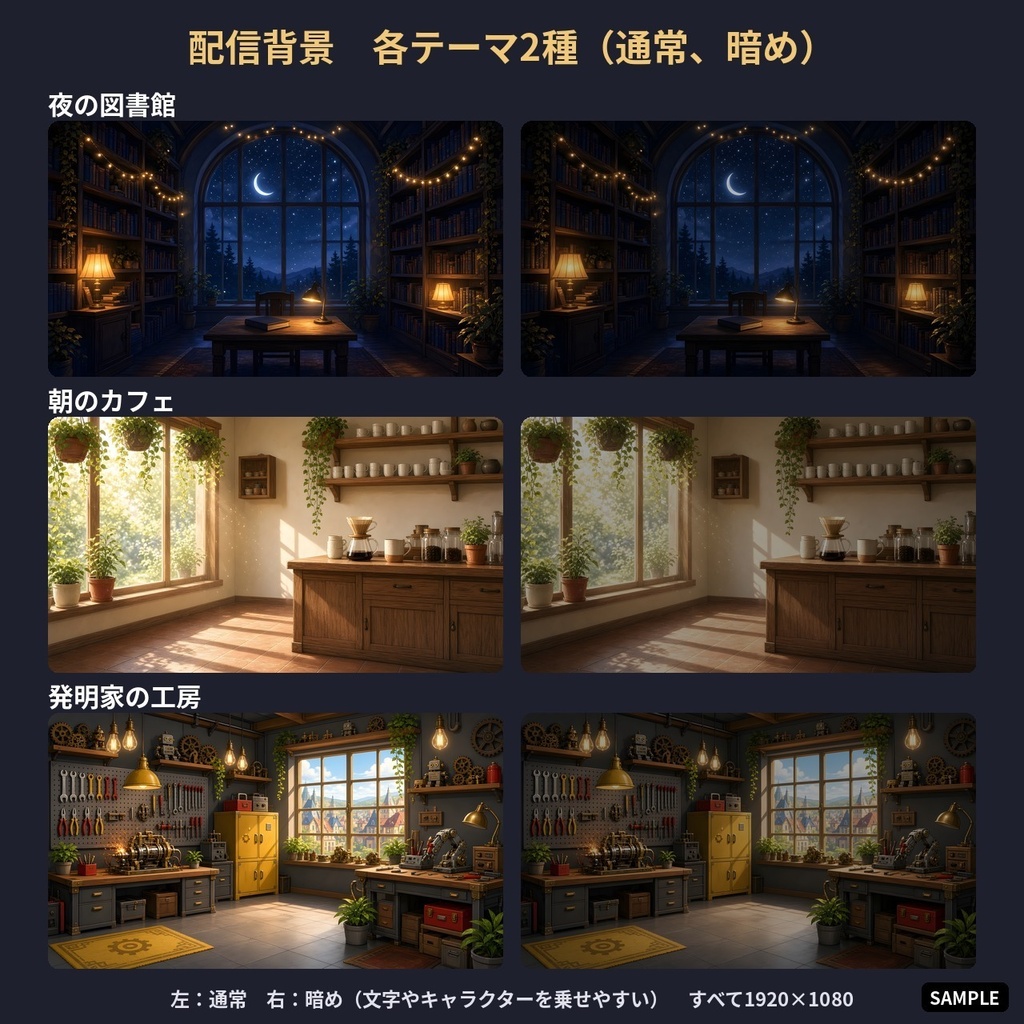 【VTuber・配信用背景素材】夜の図書館・朝のカフェ・発明家の工房 3テーマ 配信背景・フレーム・待機画面セット【1920×1080】