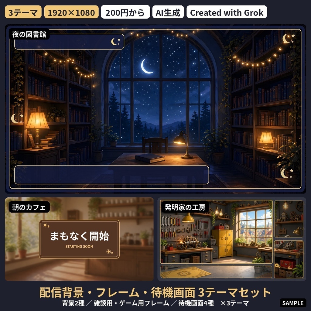 【VTuber・配信用背景素材】夜の図書館・朝のカフェ・発明家の工房 3テーマ 配信背景・フレーム・待機画面セット【1920×1080】