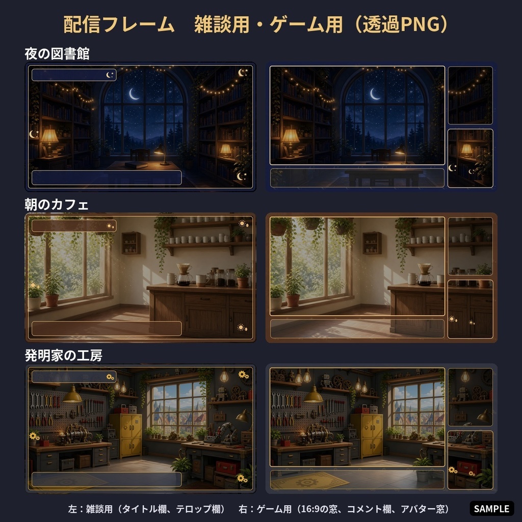 【VTuber・配信用背景素材】夜の図書館・朝のカフェ・発明家の工房 3テーマ 配信背景・フレーム・待機画面セット【1920×1080】