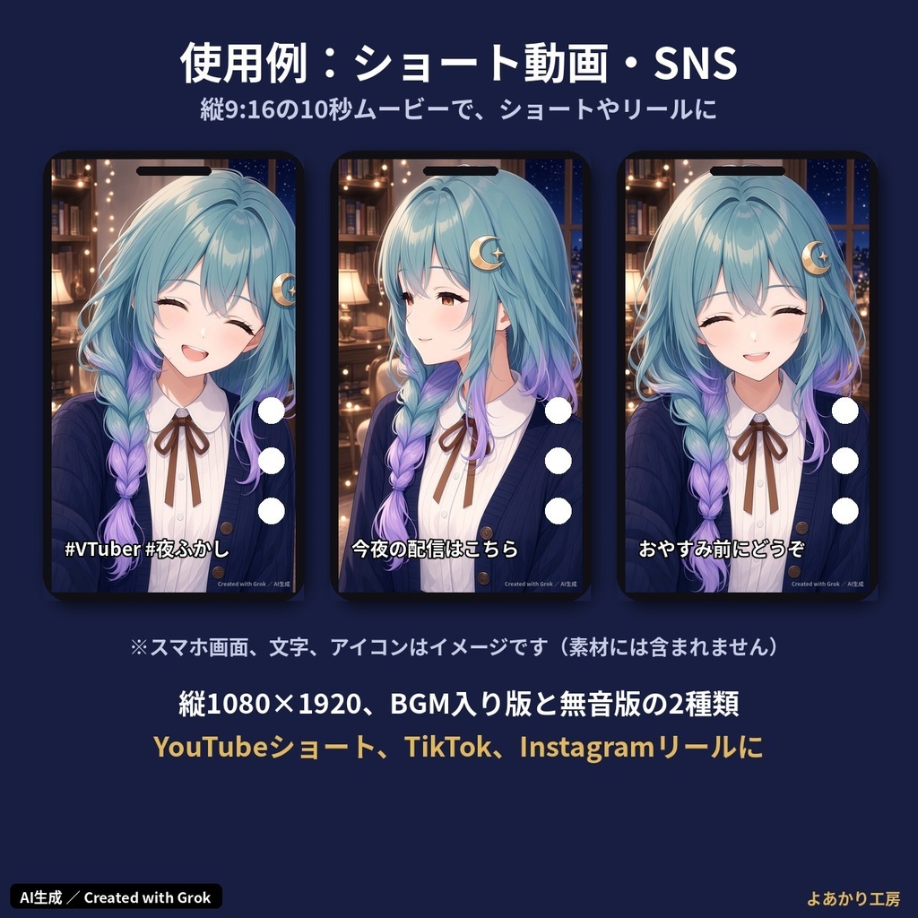 【動くキャラ素材】夜灯しおり 夜の図書館から自撮りムービー|縦横MP4・待機ループ15秒付き|配信待機画面・ショート動画用